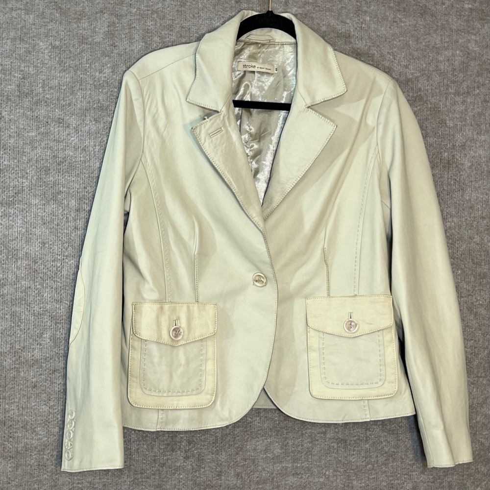Stroke by Berry Tielens Leather Blazer Womens 44 Cream Elbow Patch Jacket READ